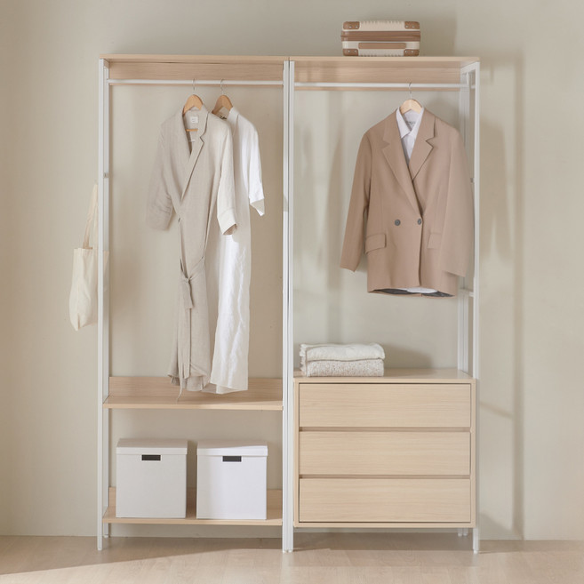 웰퍼니쳐 루미 시스템행거 드레스룸 1단 행거형 + 서랍형 세트 방문설치, 화이트 + 오크