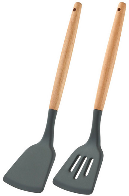 JUST HOME 櫸木柄耐熱矽膠炒鏟煎鏟 2支, 1組, 灰色