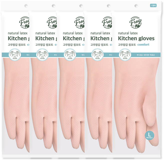 프로그 라텍스 고무장갑 컴포트, 베이비핑크, 대(L), 5세트