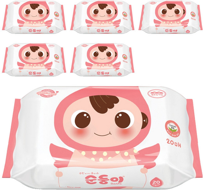 순둥이 베이직 무향 엠보싱 아기 물티슈 휴대 리필형, 6개, 20매, 55g