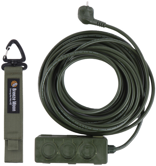 브리즈문 고용량 캠핑 리드선 3구 10m + 비너형 벨크로 스트랩 세트, 올리브 그린, 1세트