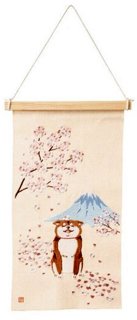 日本進口刺繡掛布 掛軸, 櫻花富士山柴犬 米色