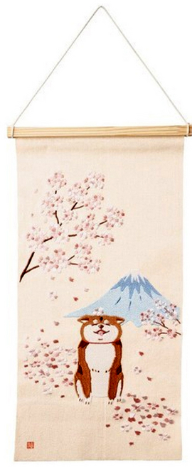 日本進口刺繡掛布 掛軸, 櫻花富士山柴犬