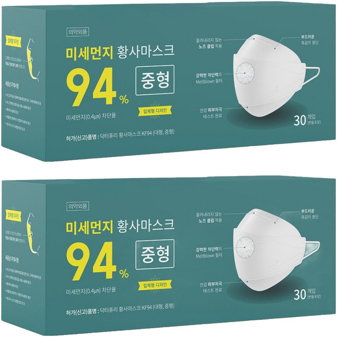 닥터퓨리 KF94 미세먼지 황사마스크 중형, 2개, 30개입