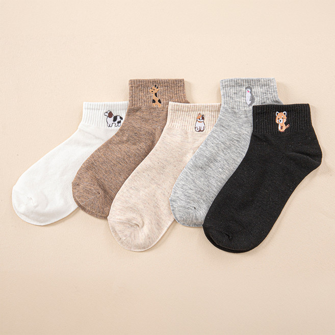 베이스알파에센셜 여성용 귀여운 동물 자수 포인트 양말 7종 세트