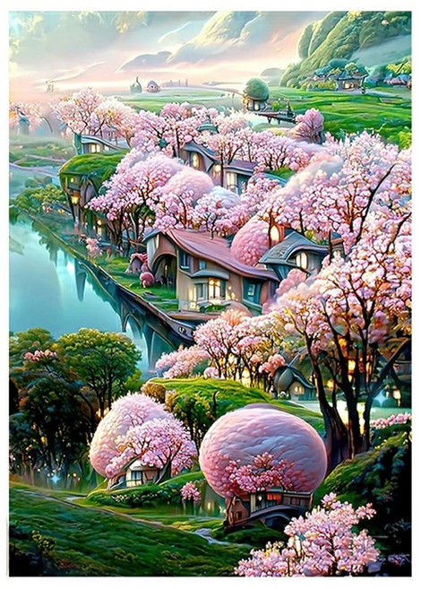 創彩 鑽石畫組 5D鑽石畫 30*40cm, 春天 粉色 + 綠色 + 藍色, 1組