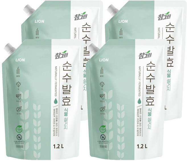 참그린 순수발효 식물 설거지 주방세제 리필, 1.2L, 4개