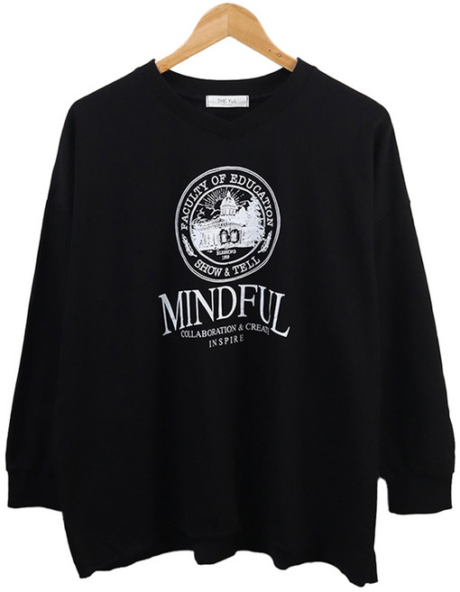 라라온 여성용 브이넥 면 오버핏 레터링 프리 긴팔 티셔츠 TSP1295