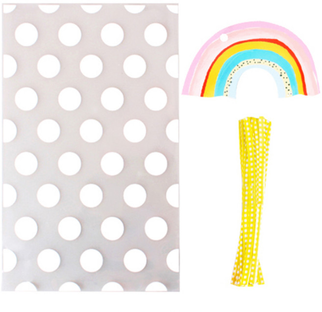 인디케이 OPP비닐봉투 중 도트 50p + 수채화무지개텍 50p + 옐로우 체크 타이 50p, 혼합색상, 1세트