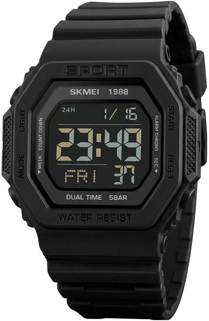 SKMEI 밀리젠트 방수 알람 스탑워치 카운트다운 듀얼타임 기능 탑재 디지털 시계 1988, 블랙, 1개