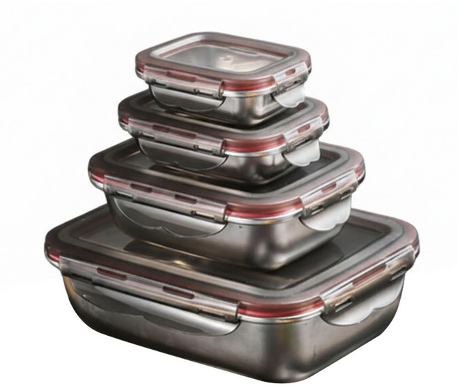 304不鏽鋼 長方形趣味保鮮盒 可微波 四件套 220ml + 600ml + 1.5L + 2.9L, 4件, 1組