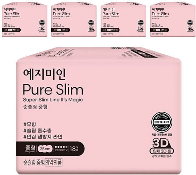 예지미인 뉴 순슬림 생리대 날개형, 중형, 18개입, 5개