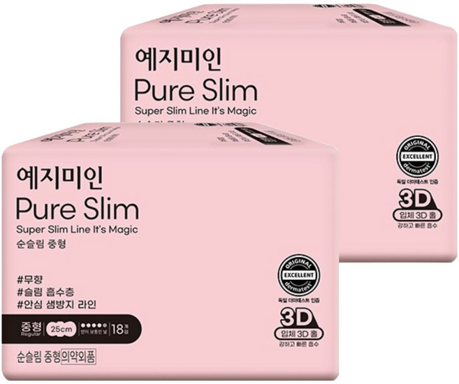 예지미인 뉴 순슬림 생리대 날개형, 중형, 18개입, 2개