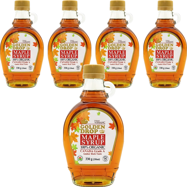 골든드롭 100% 유기농 메이플 시럽 캐나다 A등급 앰버리치 330g, 250ml, 5개