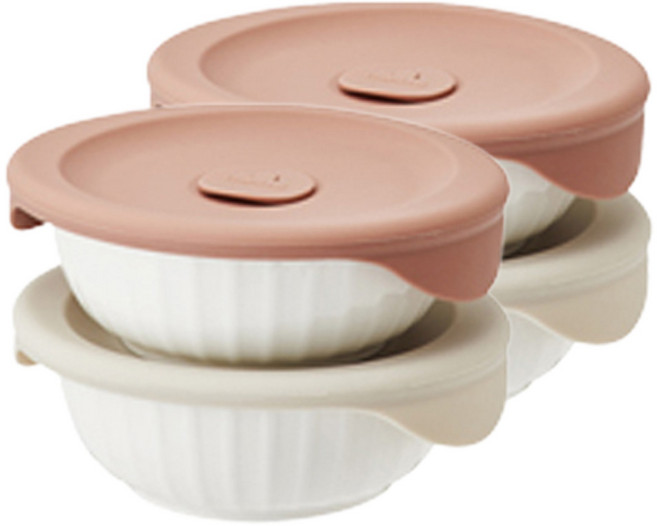 락앤락 바로 한끼 도자기 밥용기, 2세트, 몸체 355ml 2p + 뚜껑캡 2p