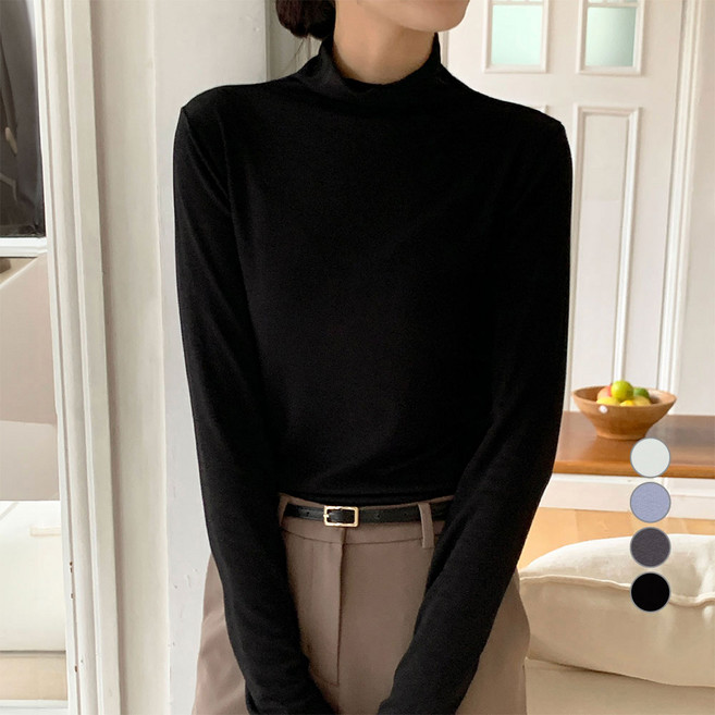 아피나르 여성용 레이온 슬림핏 하프넥 긴팔 티셔츠