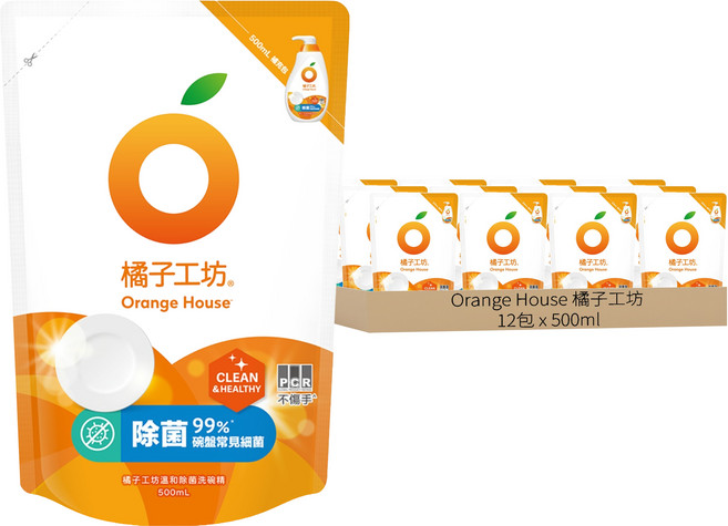 Orange House 橘子工坊 溫和除菌碗盤洗滌液補充包, 500ml, 12包