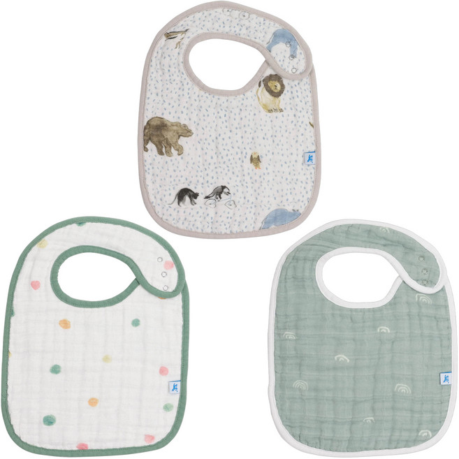 little unicorn 純棉圍兜3件組, 動物派對 米色 + 綠色, 3件, 1組