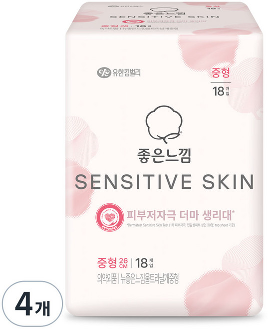 좋은느낌 센서티브 스킨 생리대 날개형, 중형, 18개입, 4개