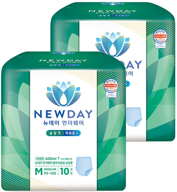 뉴데이 남성용 언더웨어 울트라슬림 성인기저귀, 중형, 10매입, 2세트