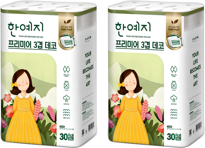 한예지 프리미어 천연펄프 3겹 데코 고급롤화장지, 30m, 30개입, 2개