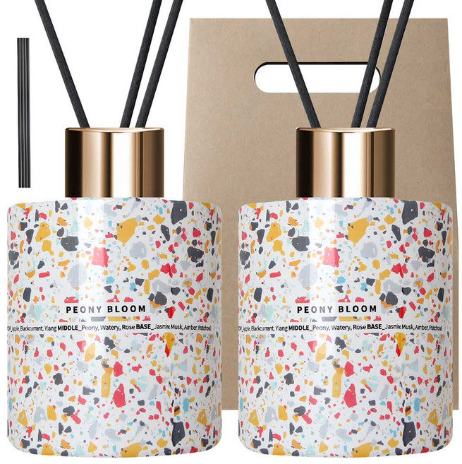 플렌느 마블 니치 향 디퓨저 + 스틱 랜덤발송 10p + 쇼핑백 세트, 피오니블룸, 200ml, 2개