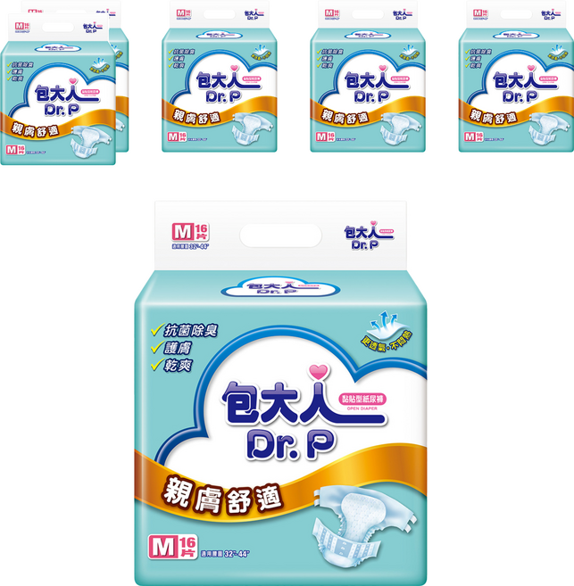 Dr.P 包大人 親膚舒適 成人黏貼型紙尿褲, M(腰圍32~44吋), 16片, 6包