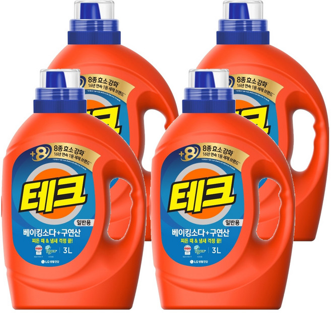 테크 베이킹소다 플러스 구연산 뉴 실내건조 액체세제 본품, 3L, 4개