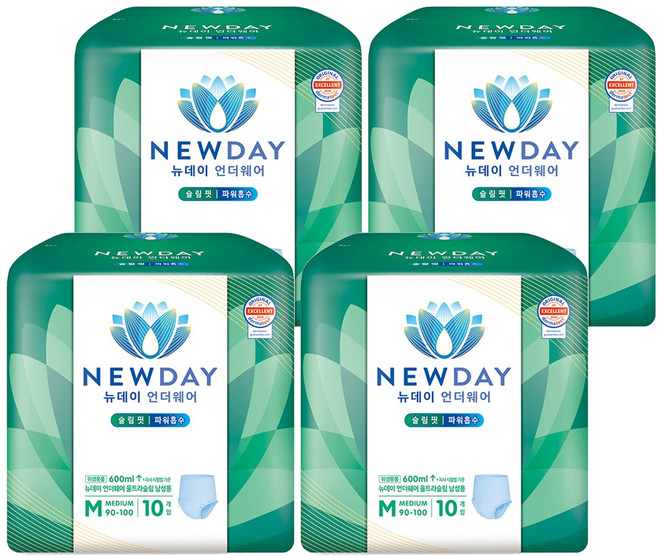 뉴데이 남성용 언더웨어 울트라슬림 성인기저귀, 중형, 10매입, 4세트