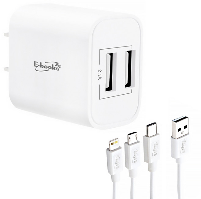 E-books B66 雙孔USB快速充電器 附100cm三合一充電線 適用於 Lightning + Micro + Type C 接口, 白色, 1個