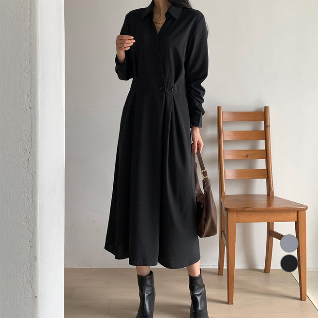 afinar 女款翻領襯衫長版洋裝, 黑色