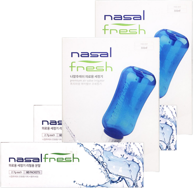 나잘후레쉬 의료용 코세정기 블루 300ml + 코세정용 분말 60p 세트, 2세트
