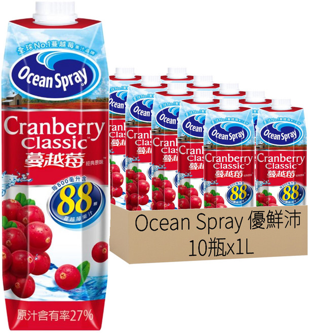 Ocean Spray 優鮮沛 蔓越莓綜合果汁 經典原味, 1L, 10瓶