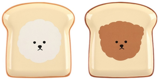 Dailylike 麵包比熊犬 & 貴賓犬盤子 2件組, 白色, 棕色, 1套, 盤子 2入