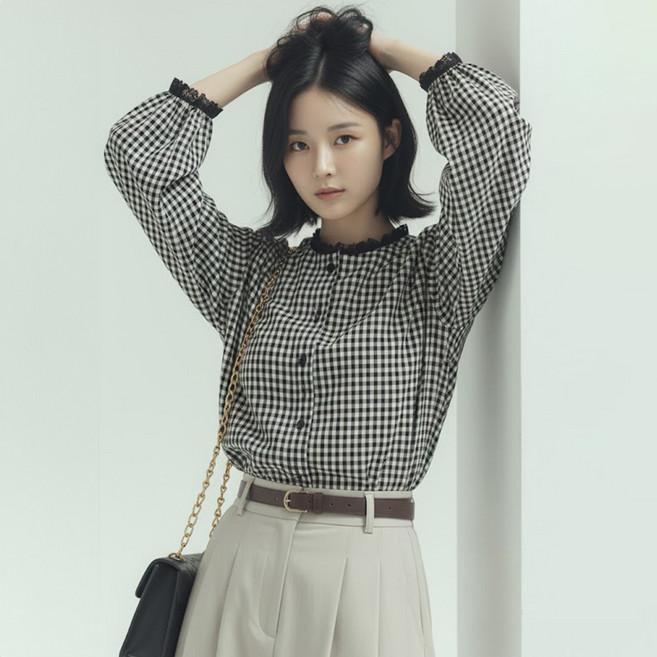 페이퍼먼츠 여성용 엘린 레트로 체크 라운드 셔츠 14279