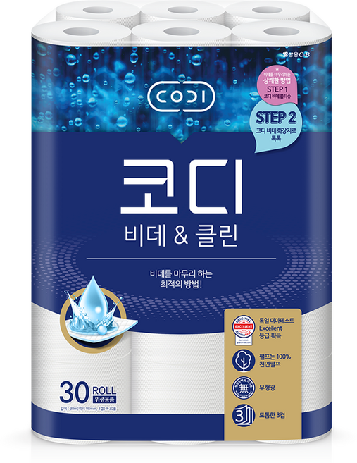 코디 비데앤클린 3겹 천연펄프 화장지, 30m, 30개입, 1개