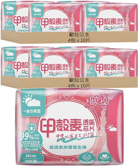 歐拉公主 超透氣甲殼素抑菌衛生棉 一般日用型, 24cm, 10片, 8包