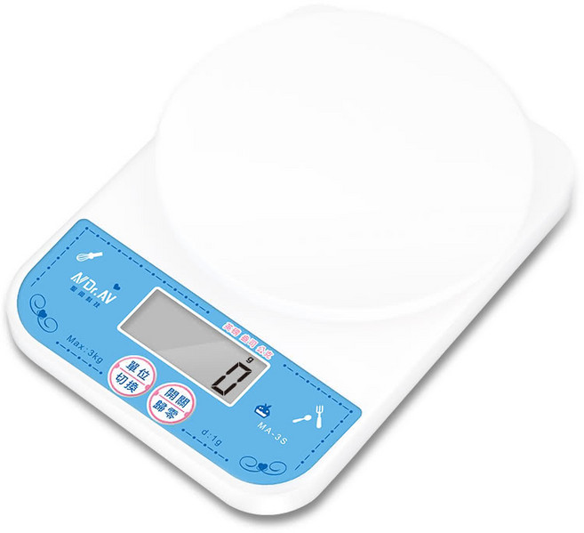 Dr.AV 聖岡科技 日式小型多用途電子秤, 3kg, 白色 + 藍色, MA-3S