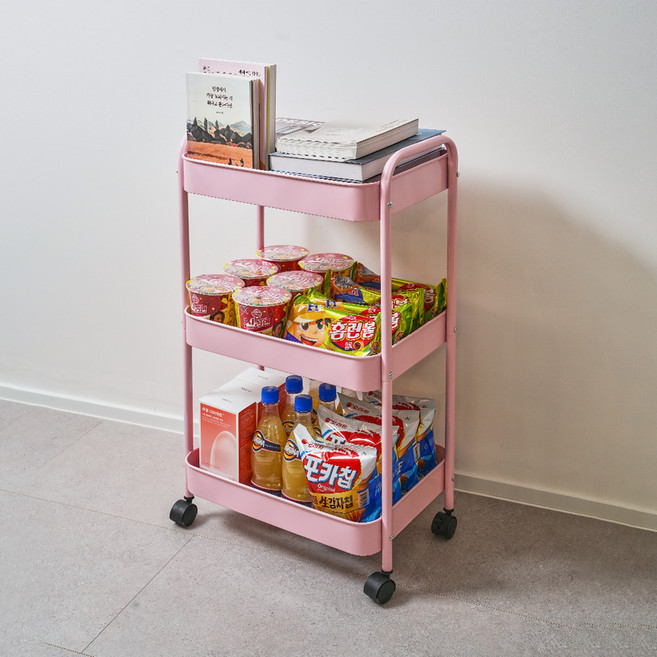 엠디유마켓 프리미엄 이동식 철제 트롤리, 핑크, 3단