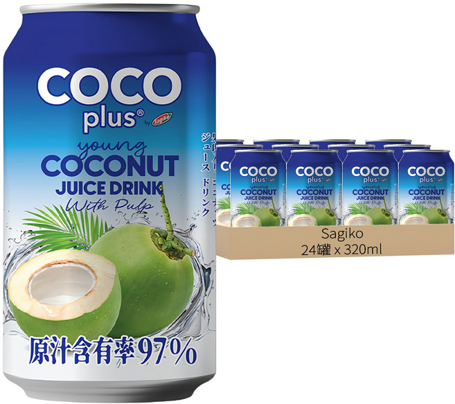 Sagiko Cocoplus 椰子水 含果肉, 320ml, 24罐