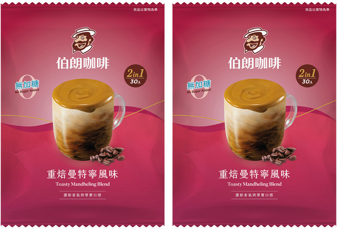 金車 MR.BROWN 伯朗咖啡 2合1即溶咖啡 重焙曼特寧無糖, 10.5g, 30包, 2袋
