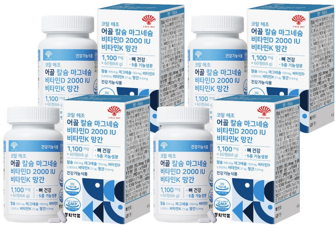 동화약품 코랄 해조 어골 칼슘 마그네슘 비타민D 2000 IU 비타민K 망간, 60정, 4개