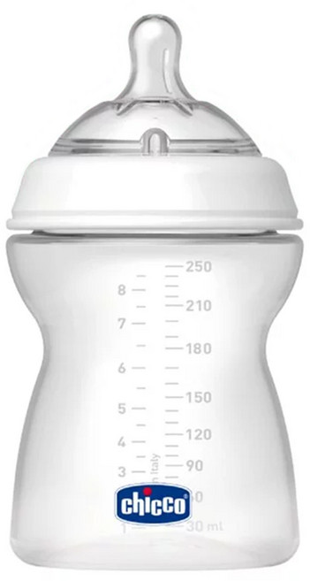 chicco 天然母感2倍防脹PP奶瓶一字孔 流量控制, 透明色 + 白色, 250ml, 1個