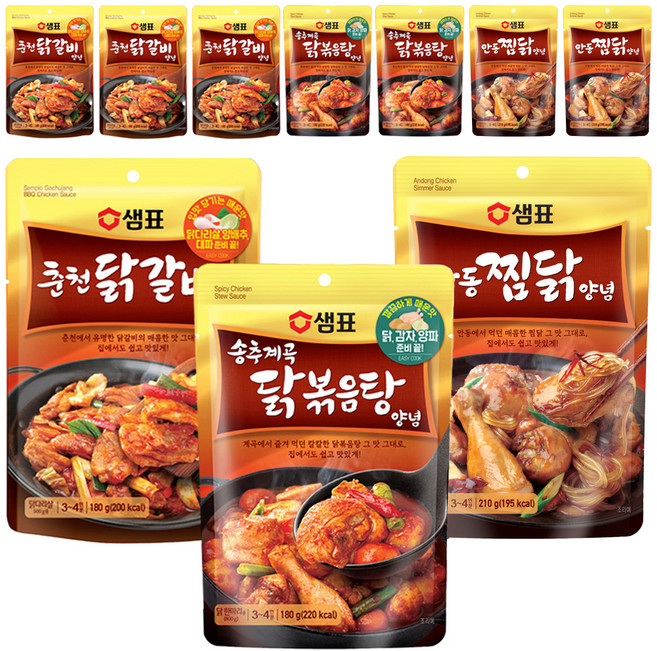 샘표 춘천닭갈비 양념 180g 4p + 안동찜닭 양념 210g 3p + 송추계곡 닭볶음탕 양념 180g 3p, 1세트, 180 g, 210 g