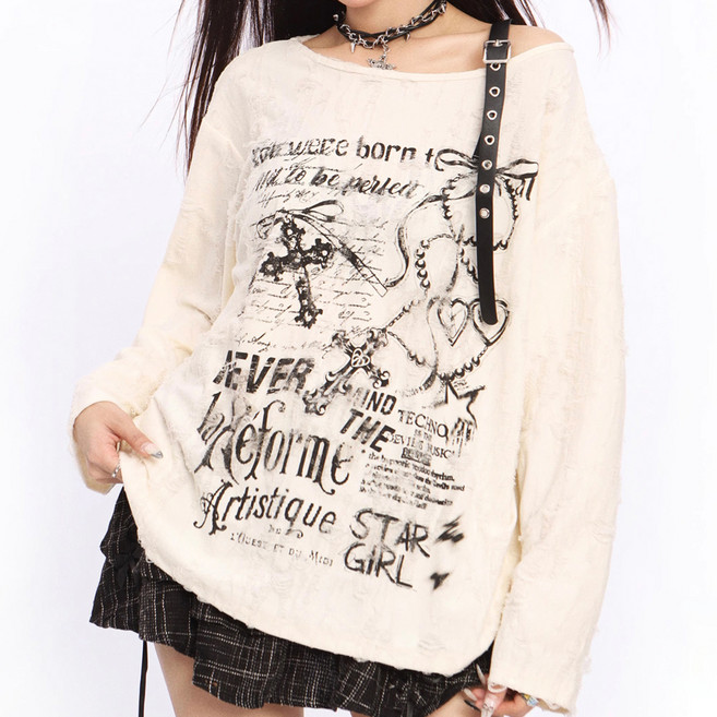 메이첼 여성용 통기성 세이론 빈티지 프린팅 숄더 벨트 티셔츠 10061