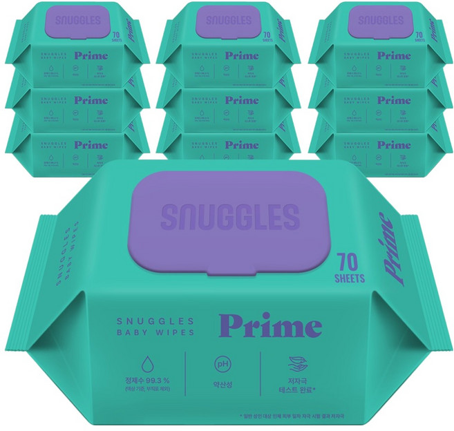 스너글스 프라임 유아용 피부 저자극 인증 아기물티슈 엠보싱 캡형, 10팩, 70매, 70g