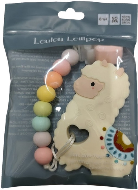 Loulou LOLLIPOP 嬰幼兒造型齒器組 奶嘴鍊夾 草泥馬系列, 鏈夾 + 固齒器, 草泥馬棉花糖 白色, 1入, 3個月以上