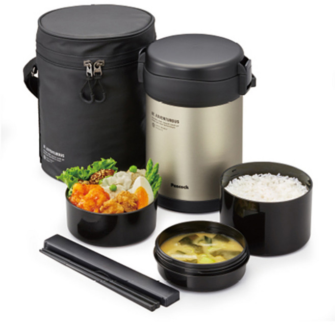 PEACOCK 보온도시락 세트 밥용기 + 반찬용기 + 국용기 + 젓가락, 블랙, 1개