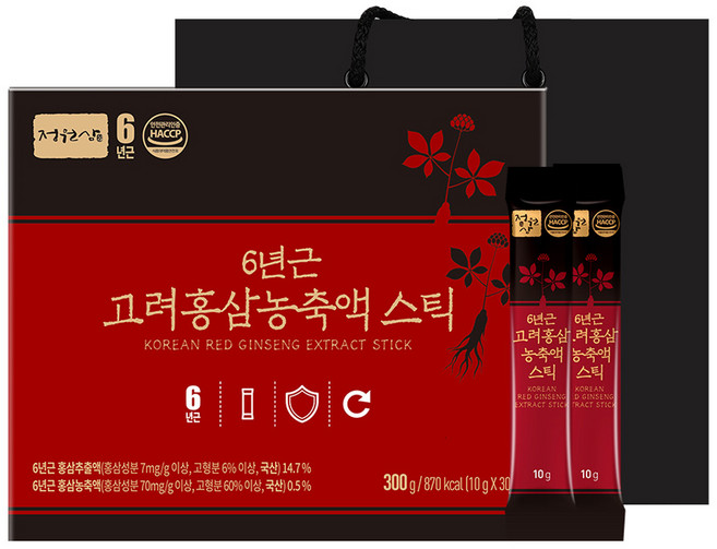 정원삼 6년근 고려홍삼 농축액 스틱 30개입 + 쇼핑백, 300g, 1박스