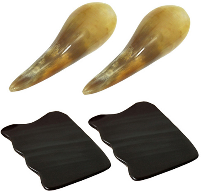 헬스플러스 소뿔형 원뿔 괄사 BJ-001A + 물소뿔 검은빗살모양 괄사BJ-252B, 2세트, 혼합 색상